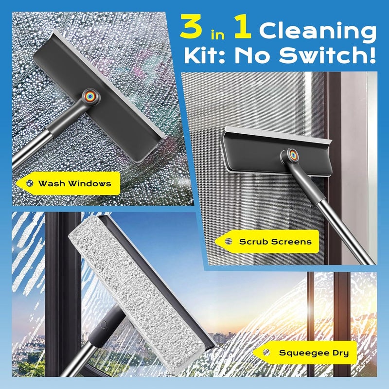 TidyTale 3 in 1 Window Squeegee for Home with 55" Lightweight Extension Poles Streak-Free Microfiber Scrubber for Outdoor/Indoor Windows, Shower Glass Door, Car Windshield, RV/Camper Windows - Image 3